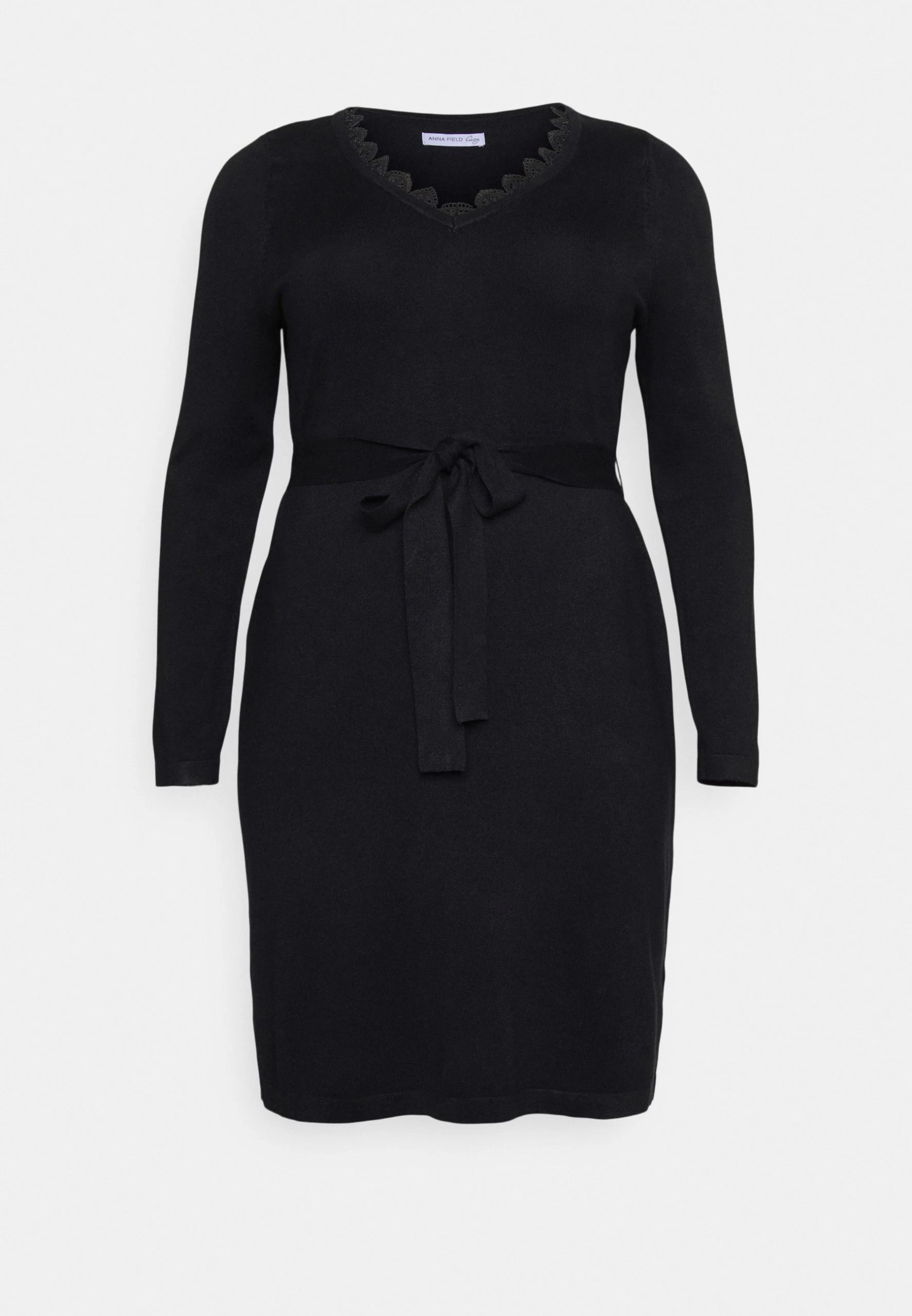 V Ausschnitt Mini Strickkleid Mit Gürtel Und Spitzeneinsatz - Vestido De Punto - Black 5 V Ausschnitt Mini Strickkleid Mit Gürtel Und Spitzeneinsatz - Vestido De Punto - Black - Imagen 5